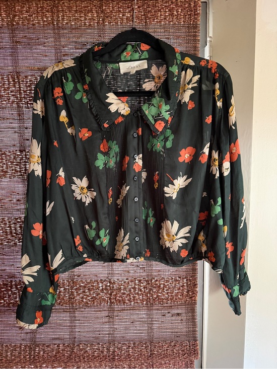 THE GREAT. Tops - THE GREAT. Dark Green Floral Button-Down Shirt with Cream, Green and Orange Prin
